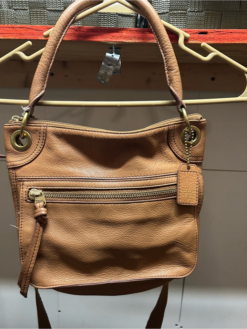 Fossil Cognac Leather Shoulder Bag with Gold Hardware